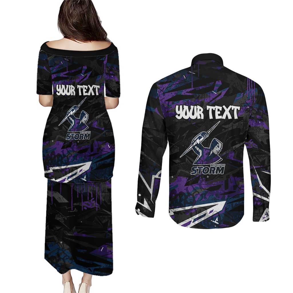 Personalized Melbourne Storm Couples Matching Puletasi and Long Sleeve Button Shirt Graffiti Grunge Abstract Urban Street Style Design