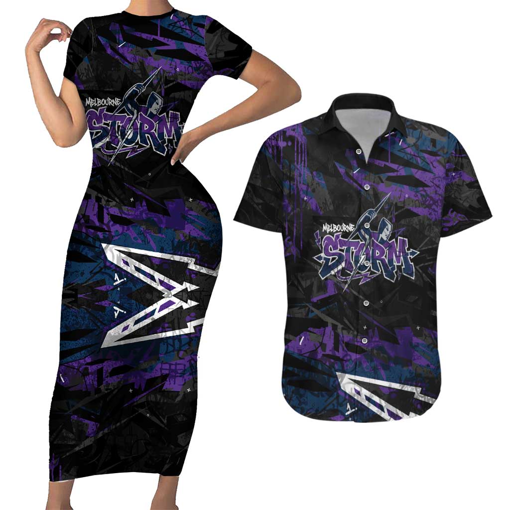 Personalized Melbourne Storm Couples Matching Short Sleeve Bodycon Dress and Hawaiian Shirt Graffiti Grunge Abstract Urban Street Style Design