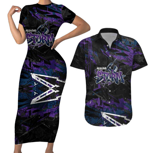 Personalized Melbourne Storm Couples Matching Short Sleeve Bodycon Dress and Hawaiian Shirt Graffiti Grunge Abstract Urban Street Style Design
