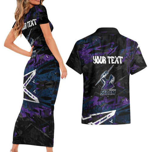 Personalized Melbourne Storm Couples Matching Short Sleeve Bodycon Dress and Hawaiian Shirt Graffiti Grunge Abstract Urban Street Style Design