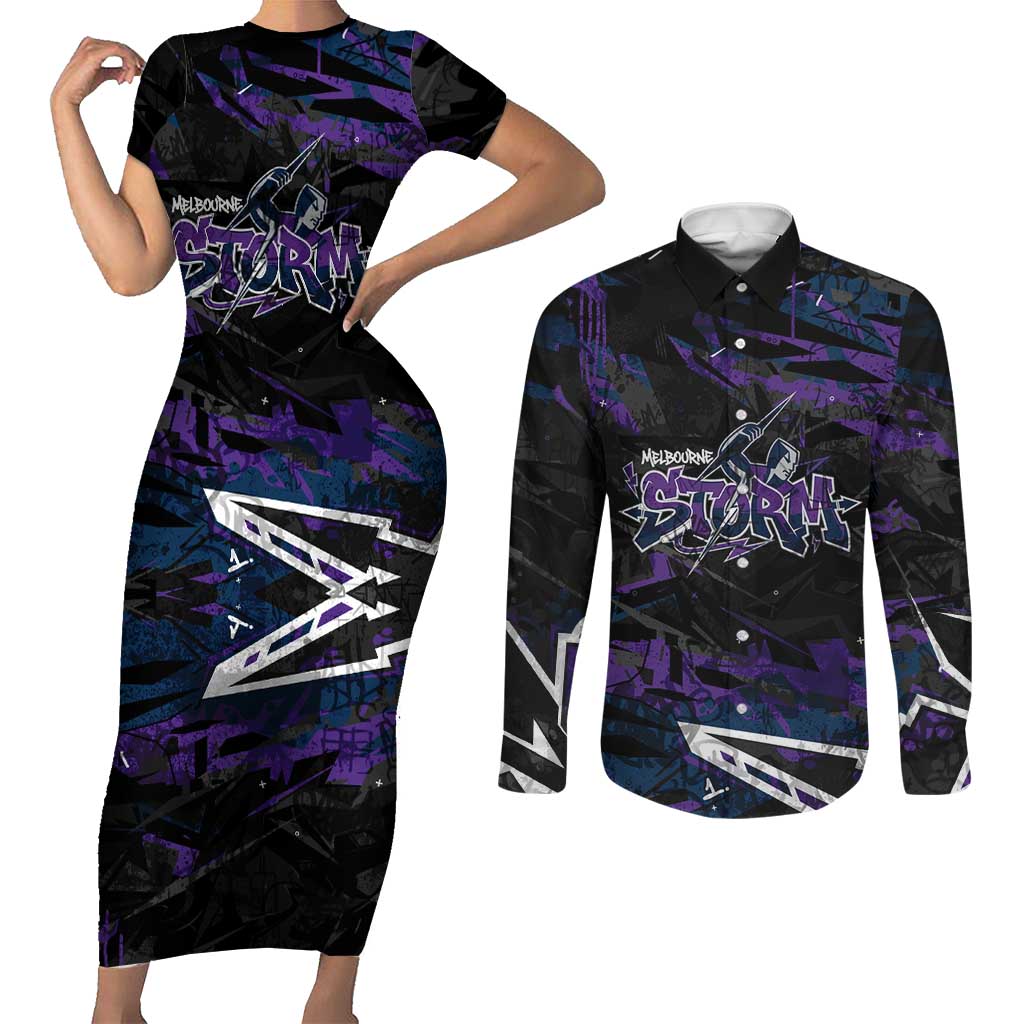 Personalized Melbourne Storm Couples Matching Short Sleeve Bodycon Dress and Long Sleeve Button Shirt Graffiti Grunge Abstract Urban Street Style Design