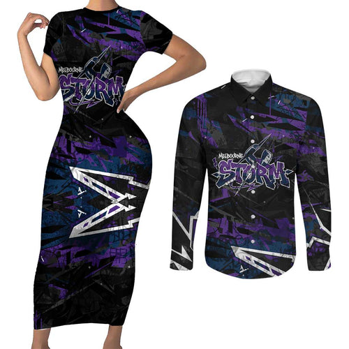 Personalized Melbourne Storm Couples Matching Short Sleeve Bodycon Dress and Long Sleeve Button Shirt Graffiti Grunge Abstract Urban Street Style Design
