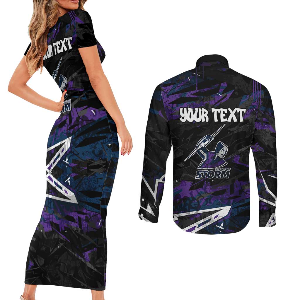 Personalized Melbourne Storm Couples Matching Short Sleeve Bodycon Dress and Long Sleeve Button Shirt Graffiti Grunge Abstract Urban Street Style Design