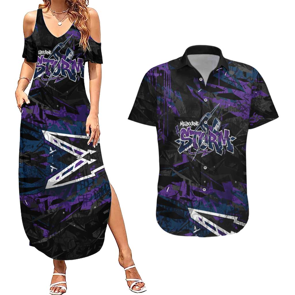 Personalized Melbourne Storm Couples Matching Summer Maxi Dress and Hawaiian Shirt Graffiti Grunge Abstract Urban Street Style Design