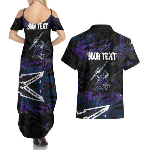 Personalized Melbourne Storm Couples Matching Summer Maxi Dress and Hawaiian Shirt Graffiti Grunge Abstract Urban Street Style Design