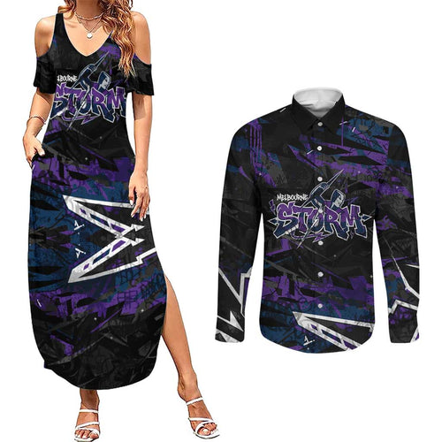 Personalized Melbourne Storm Couples Matching Summer Maxi Dress and Long Sleeve Button Shirt Graffiti Grunge Abstract Urban Street Style Design
