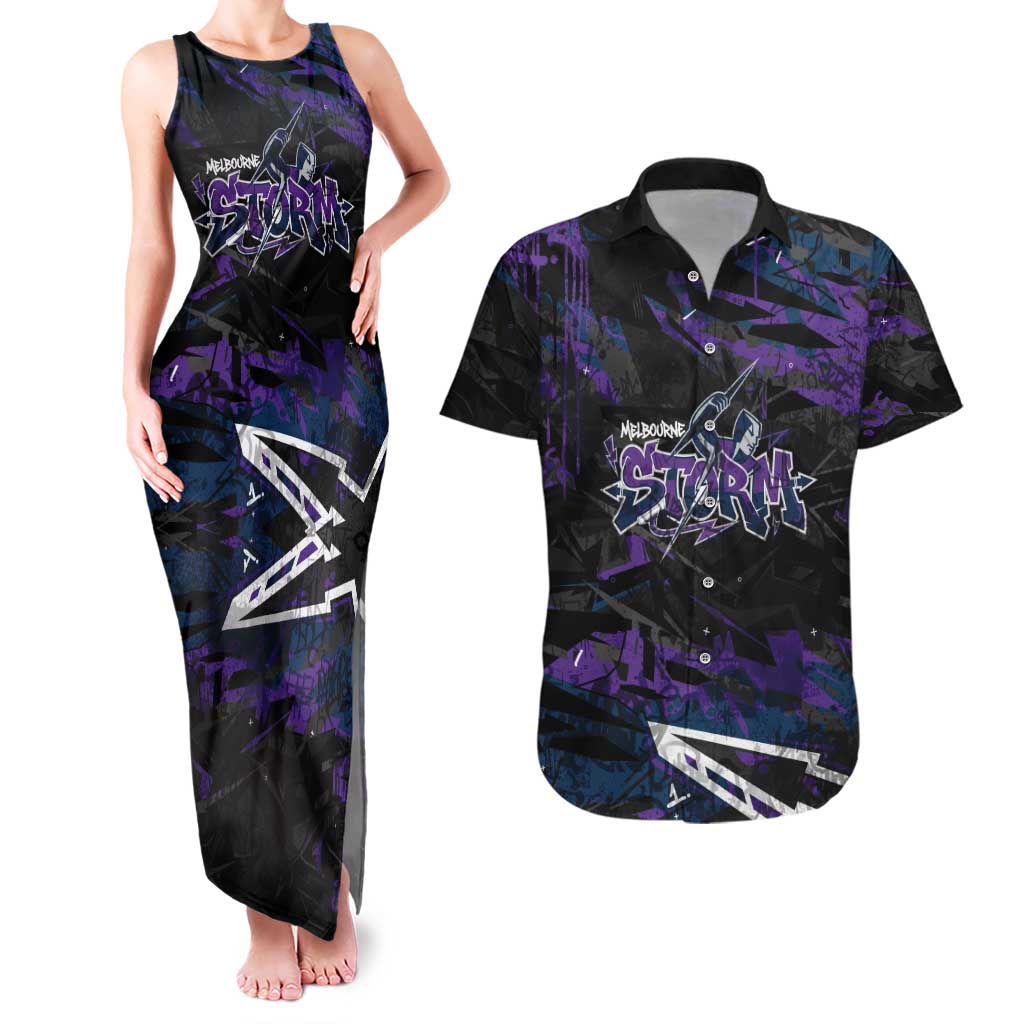 Personalized Melbourne Storm Couples Matching Tank Maxi Dress and Hawaiian Shirt Graffiti Grunge Abstract Urban Street Style Design