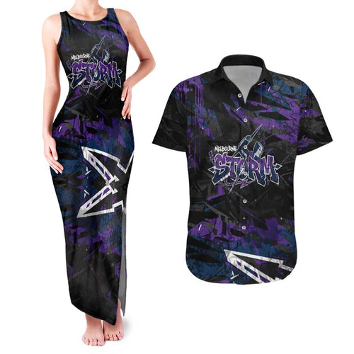 Personalized Melbourne Storm Couples Matching Tank Maxi Dress and Hawaiian Shirt Graffiti Grunge Abstract Urban Street Style Design