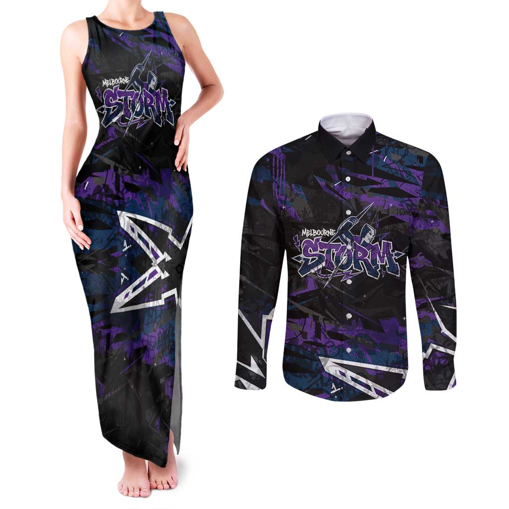 Personalized Melbourne Storm Couples Matching Tank Maxi Dress and Long Sleeve Button Shirt Graffiti Grunge Abstract Urban Street Style Design