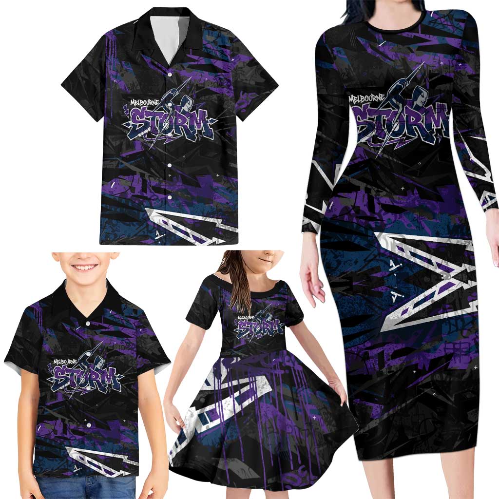 Personalized Melbourne Storm Family Matching Long Sleeve Bodycon Dress and Hawaiian Shirt Graffiti Grunge Abstract Urban Street Style Design