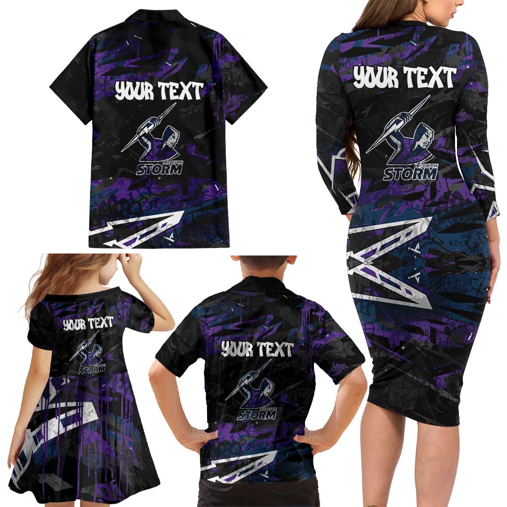 Personalized Melbourne Storm Family Matching Long Sleeve Bodycon Dress and Hawaiian Shirt Graffiti Grunge Abstract Urban Street Style Design