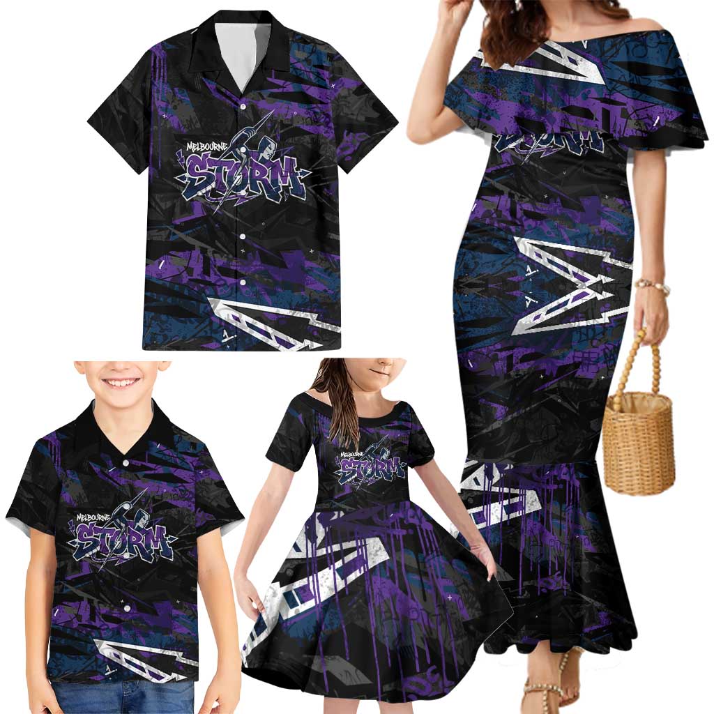 Personalized Melbourne Storm Family Matching Mermaid Dress and Hawaiian Shirt Graffiti Grunge Abstract Urban Street Style Design