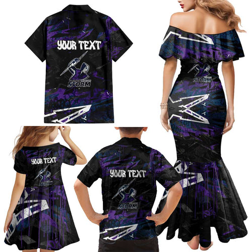 Personalized Melbourne Storm Family Matching Mermaid Dress and Hawaiian Shirt Graffiti Grunge Abstract Urban Street Style Design
