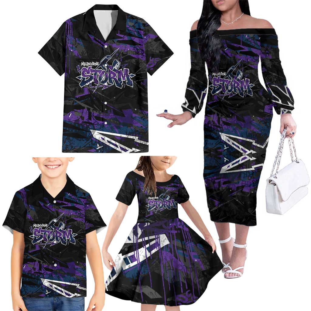 Personalized Melbourne Storm Family Matching Off The Shoulder Long Sleeve Dress and Hawaiian Shirt Graffiti Grunge Abstract Urban Street Style Design
