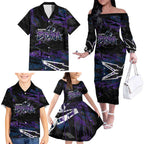 Personalized Melbourne Storm Family Matching Off The Shoulder Long Sleeve Dress and Hawaiian Shirt Graffiti Grunge Abstract Urban Street Style Design
