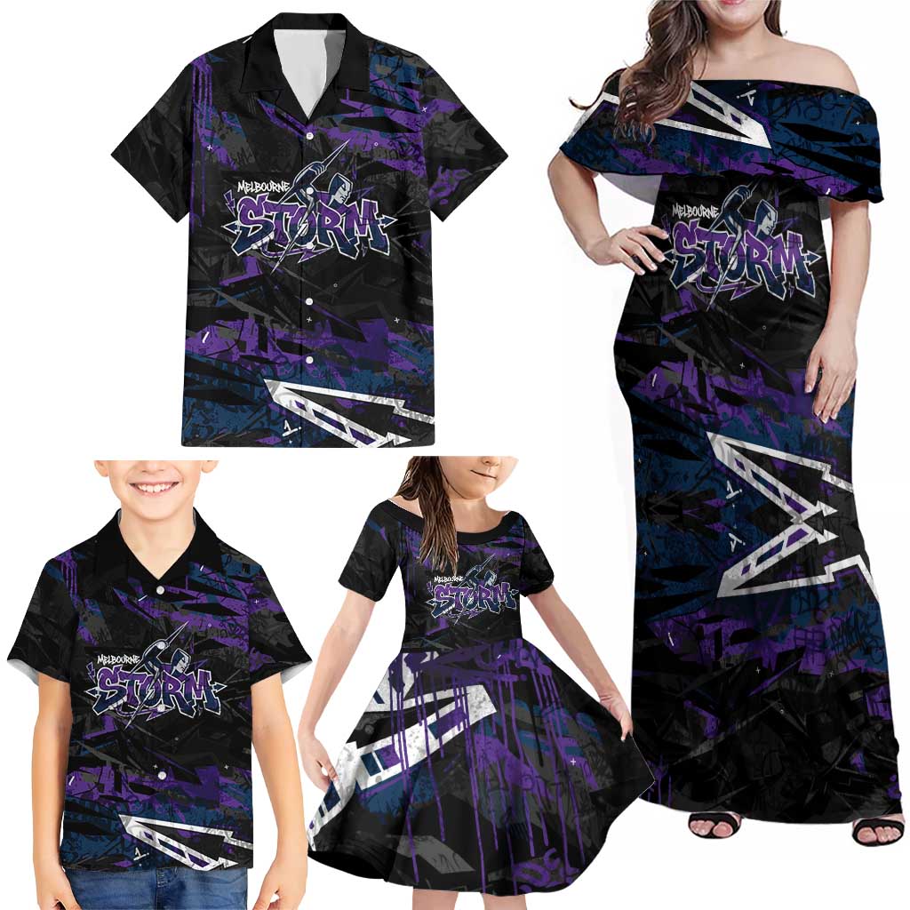 Personalized Melbourne Storm Family Matching Off Shoulder Maxi Dress and Hawaiian Shirt Graffiti Grunge Abstract Urban Street Style Design
