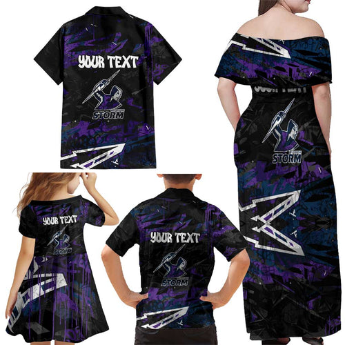 Personalized Melbourne Storm Family Matching Off Shoulder Maxi Dress and Hawaiian Shirt Graffiti Grunge Abstract Urban Street Style Design