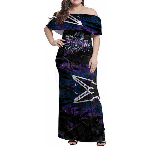 Personalized Melbourne Storm Family Matching Off Shoulder Maxi Dress and Hawaiian Shirt Graffiti Grunge Abstract Urban Street Style Design