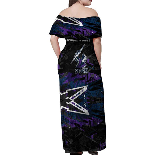 Personalized Melbourne Storm Family Matching Off Shoulder Maxi Dress and Hawaiian Shirt Graffiti Grunge Abstract Urban Street Style Design