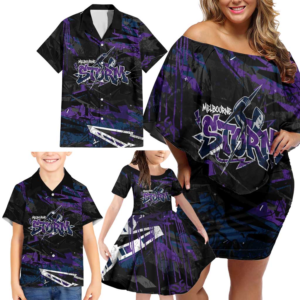 Personalized Melbourne Storm Family Matching Off Shoulder Short Dress and Hawaiian Shirt Graffiti Grunge Abstract Urban Street Style Design