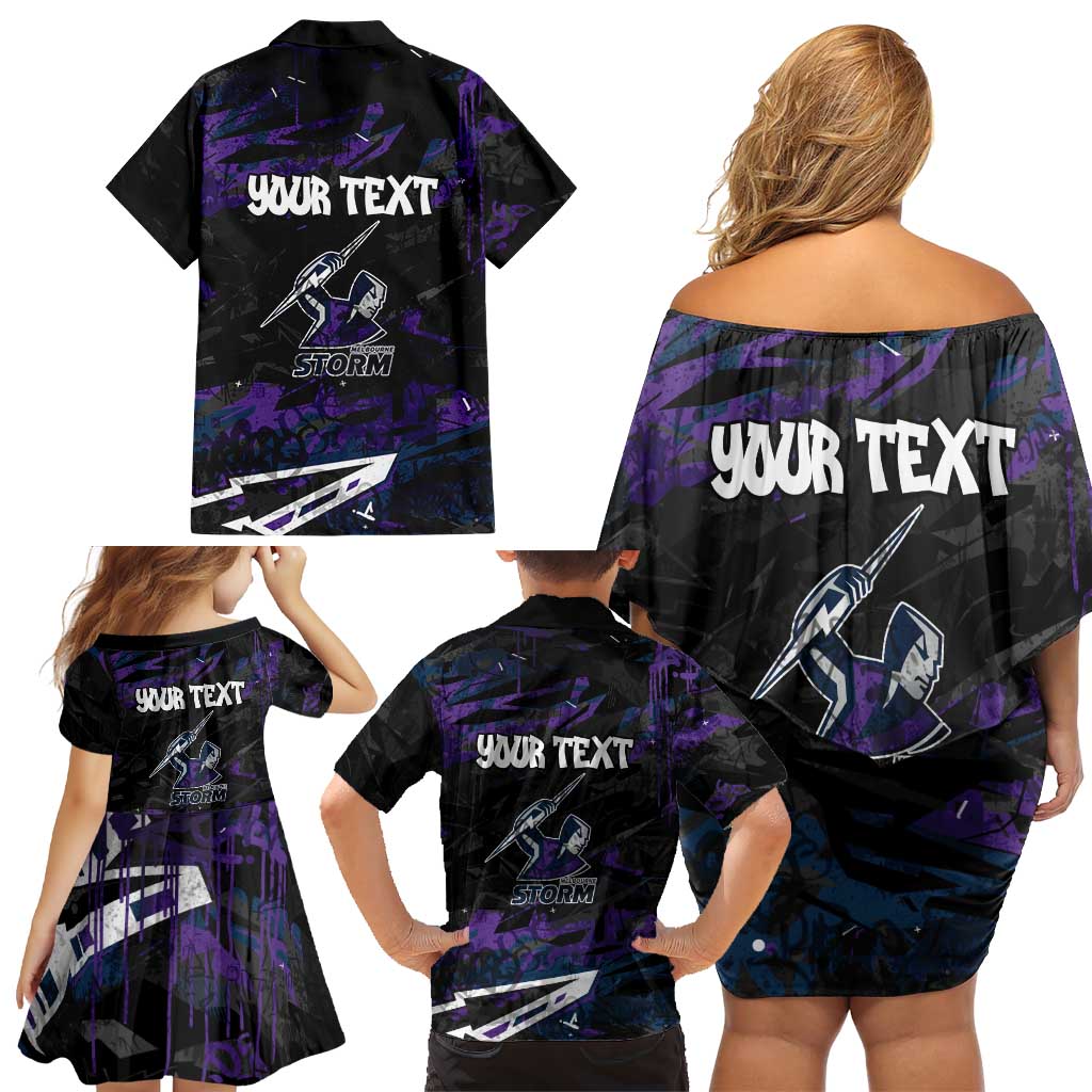 Personalized Melbourne Storm Family Matching Off Shoulder Short Dress and Hawaiian Shirt Graffiti Grunge Abstract Urban Street Style Design
