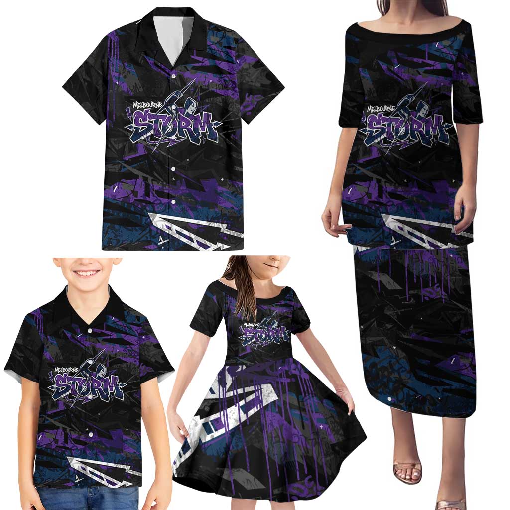Personalized Melbourne Storm Family Matching Puletasi and Hawaiian Shirt Graffiti Grunge Abstract Urban Street Style Design