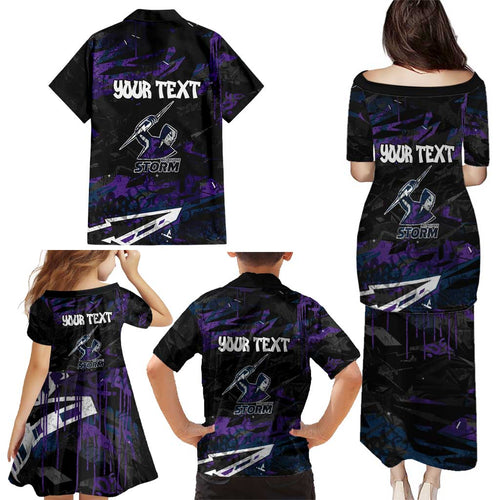 Personalized Melbourne Storm Family Matching Puletasi and Hawaiian Shirt Graffiti Grunge Abstract Urban Street Style Design