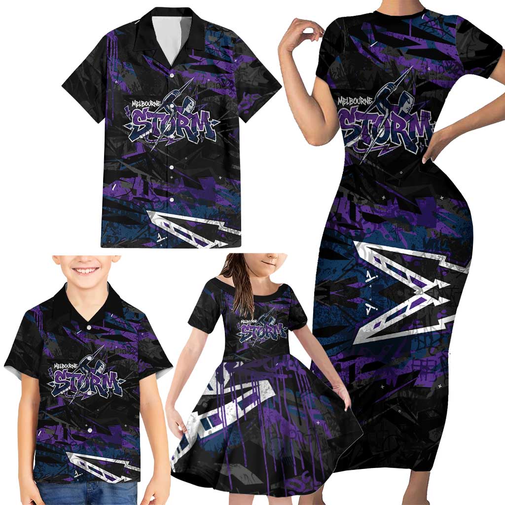 Personalized Melbourne Storm Family Matching Short Sleeve Bodycon Dress and Hawaiian Shirt Graffiti Grunge Abstract Urban Street Style Design