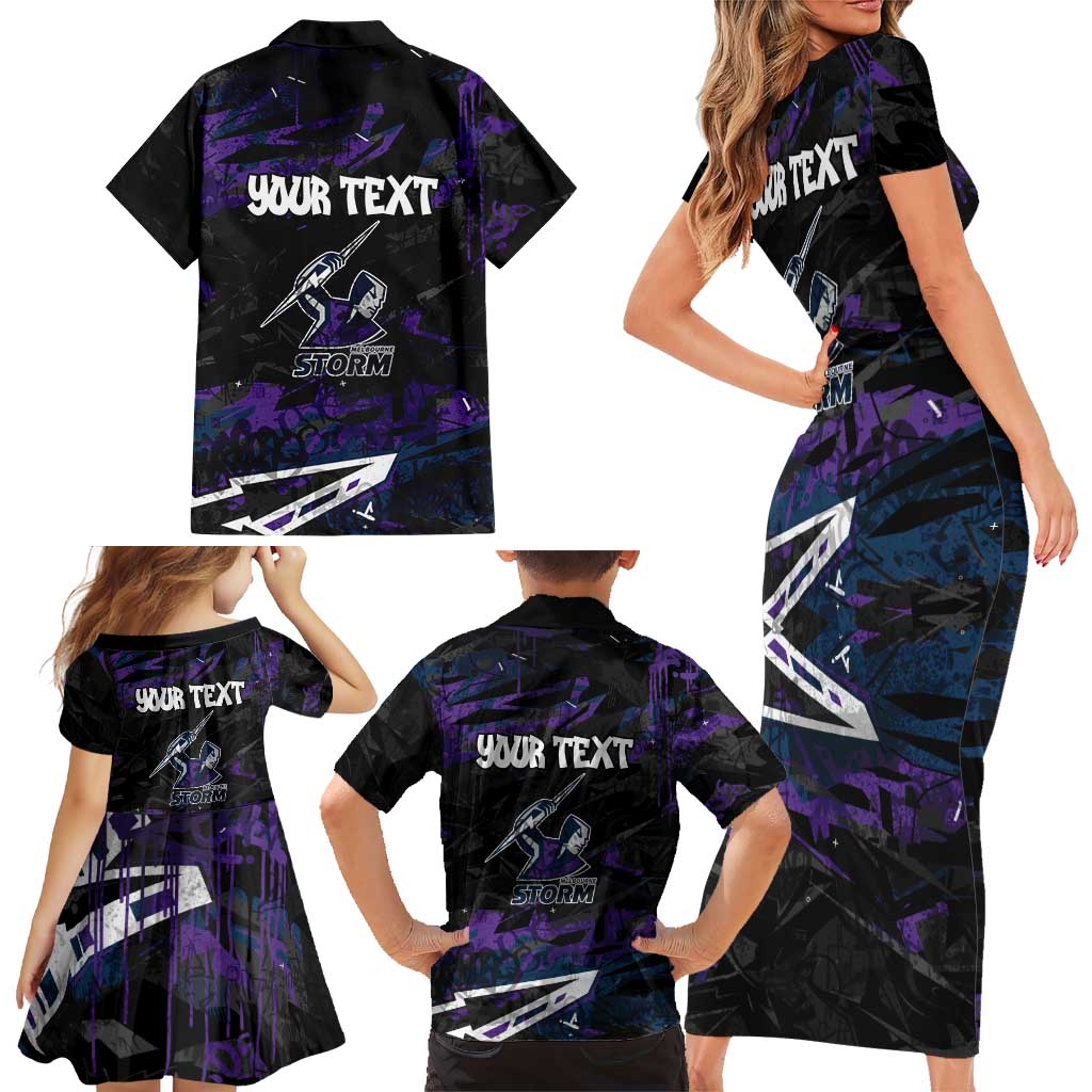 Personalized Melbourne Storm Family Matching Short Sleeve Bodycon Dress and Hawaiian Shirt Graffiti Grunge Abstract Urban Street Style Design