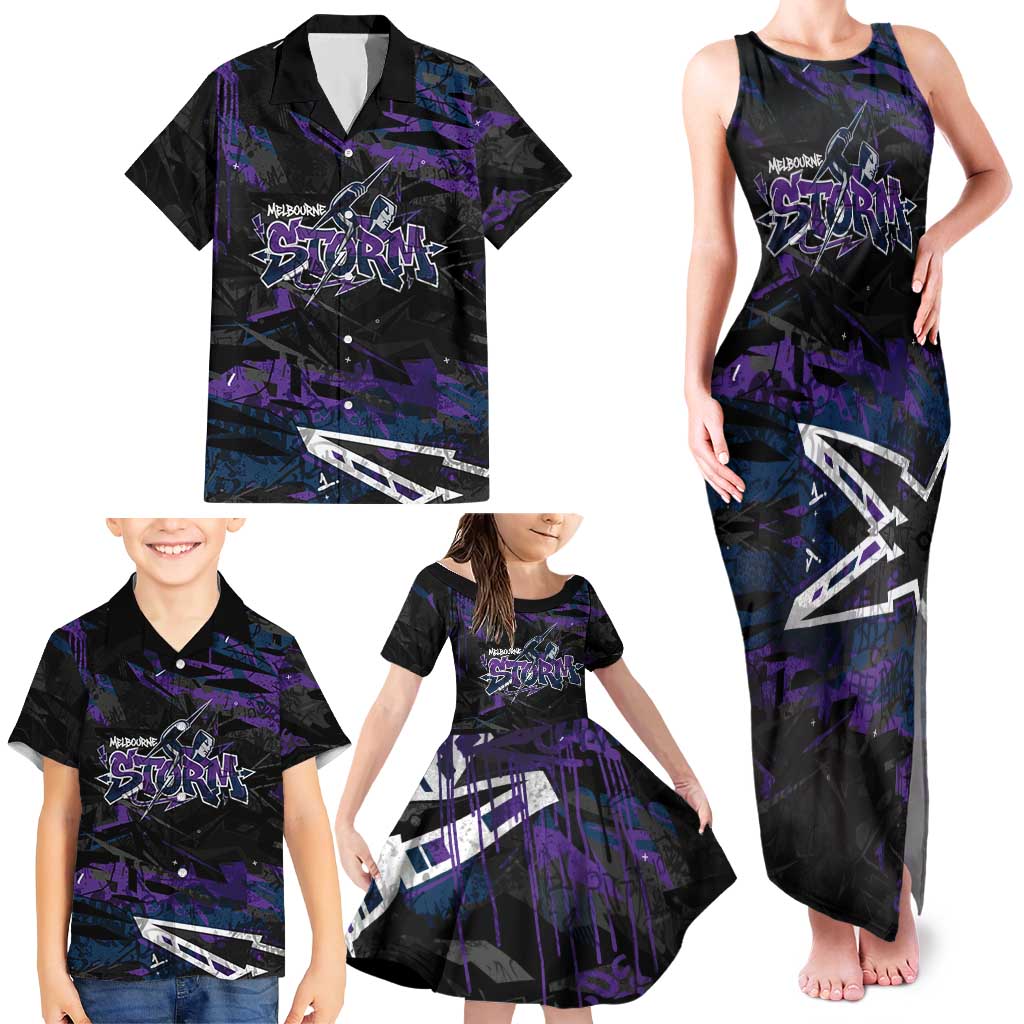 Personalized Melbourne Storm Family Matching Tank Maxi Dress and Hawaiian Shirt Graffiti Grunge Abstract Urban Street Style Design