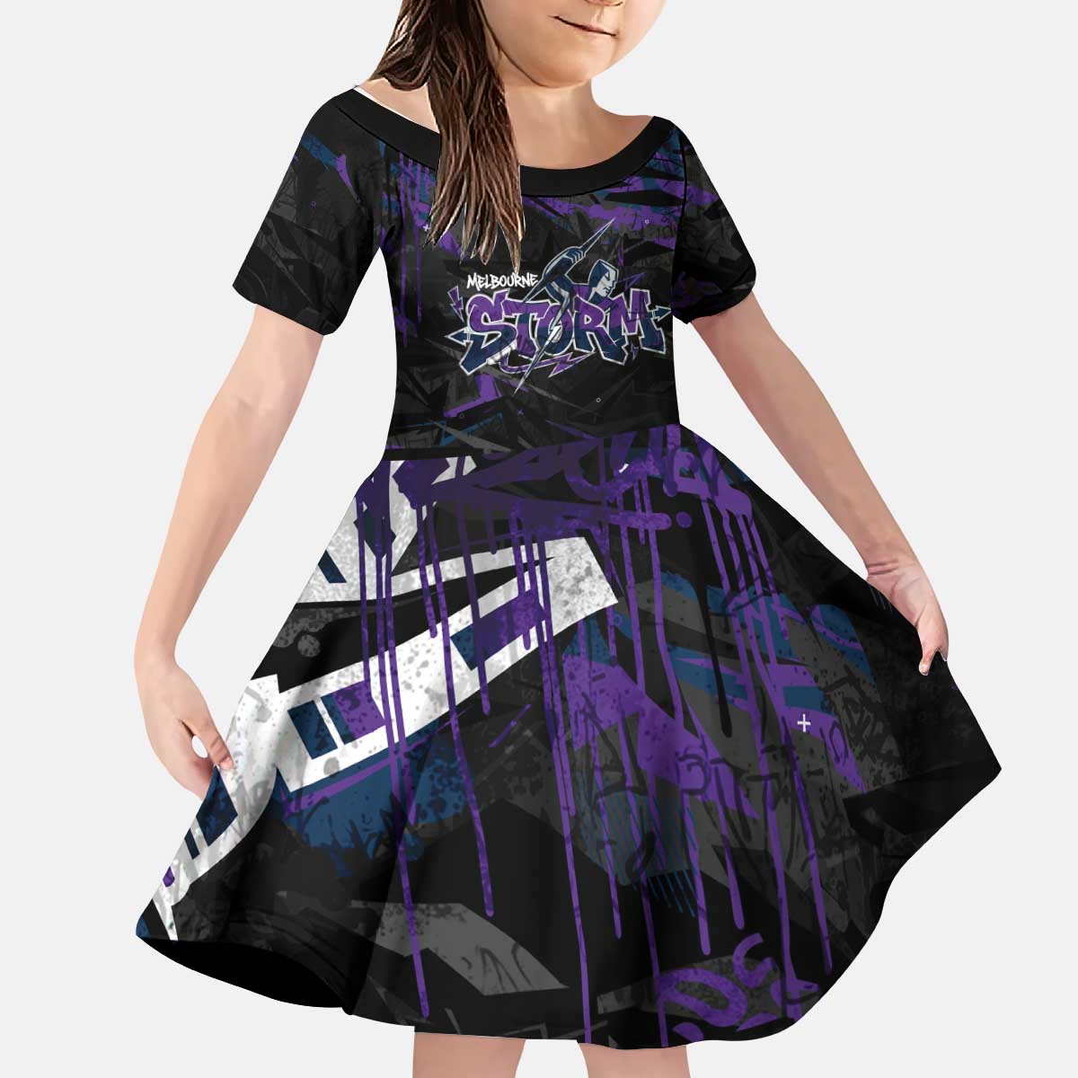 Personalized Melbourne Storm Kid Short Sleeve Dress Graffiti Grunge Abstract Urban Street Style Design