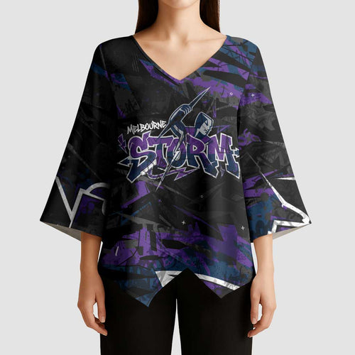 Personalized Melbourne Storm Kimono Sleeve Blouse Graffiti Grunge Abstract Urban Street Style Design