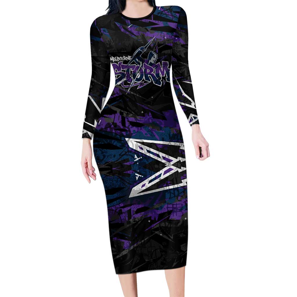 Personalized Melbourne Storm Long Sleeve Bodycon Dress Graffiti Grunge Abstract Urban Street Style Design