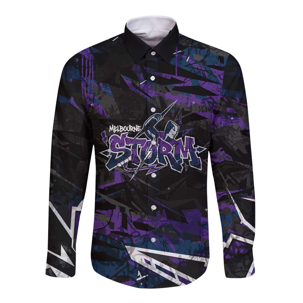 Personalized Melbourne Storm Long Sleeve Button Shirt Graffiti Grunge Abstract Urban Street Style Design