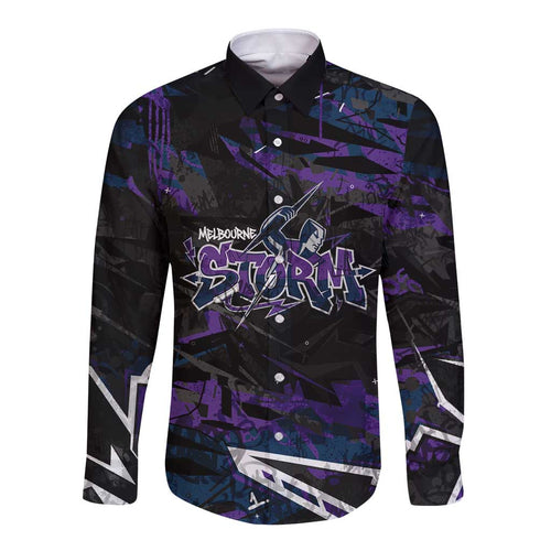 Personalized Melbourne Storm Long Sleeve Button Shirt Graffiti Grunge Abstract Urban Street Style Design