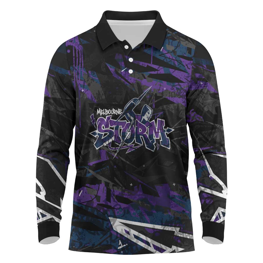 Personalized Melbourne Storm Long Sleeve Polo Shirt Graffiti Grunge Abstract Urban Street Style Design