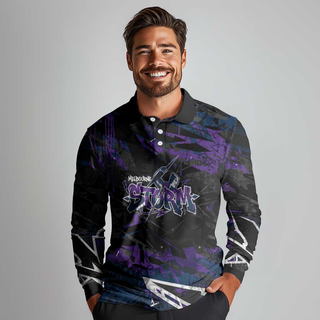 Personalized Melbourne Storm Long Sleeve Polo Shirt Graffiti Grunge Abstract Urban Street Style Design