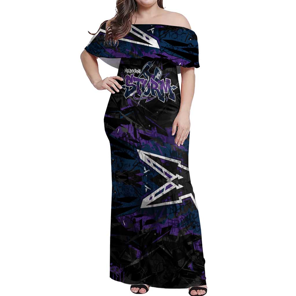 Personalized Melbourne Storm Off Shoulder Maxi Dress Graffiti Grunge Abstract Urban Street Style Design