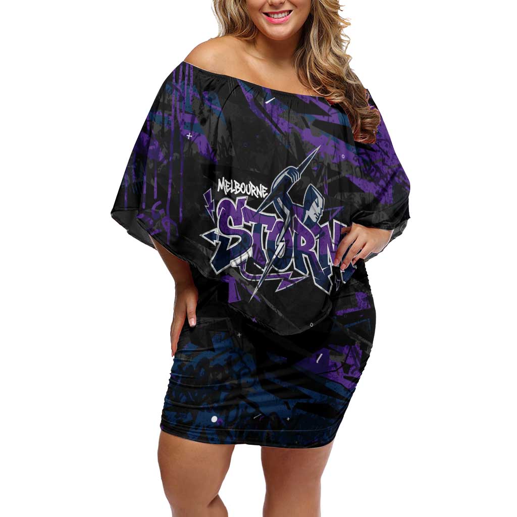 Personalized Melbourne Storm Off Shoulder Short Dress Graffiti Grunge Abstract Urban Street Style Design