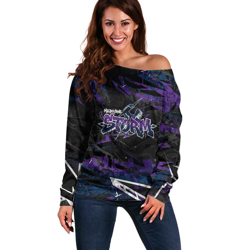 Personalized Melbourne Storm Off Shoulder Sweater Graffiti Grunge Abstract Urban Street Style Design