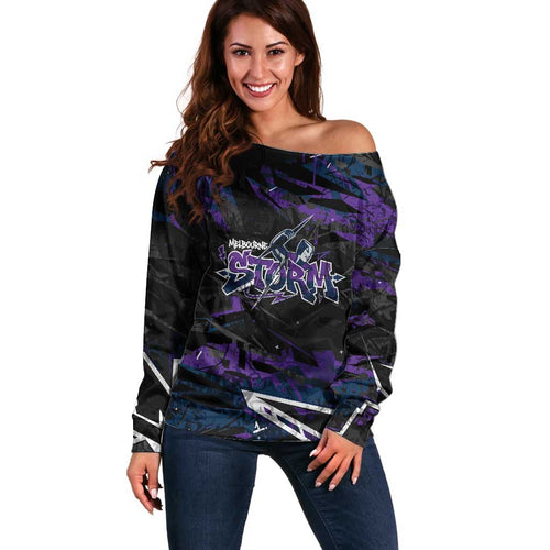 Personalized Melbourne Storm Off Shoulder Sweater Graffiti Grunge Abstract Urban Street Style Design