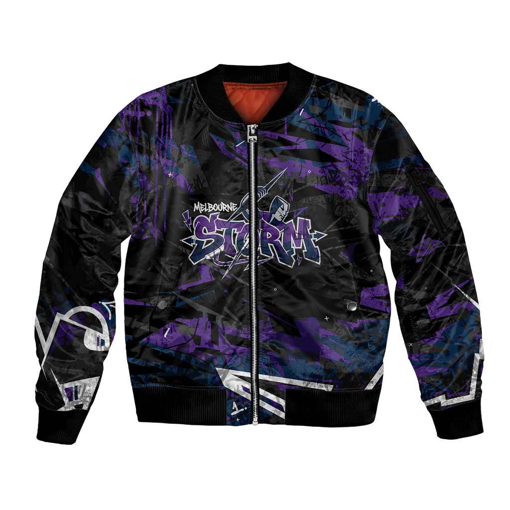 Personalized Melbourne Storm Sleeve Zip Bomber Jacket Graffiti Grunge Abstract Urban Street Style Design