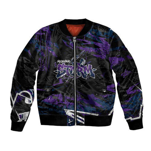 Personalized Melbourne Storm Sleeve Zip Bomber Jacket Graffiti Grunge Abstract Urban Street Style Design