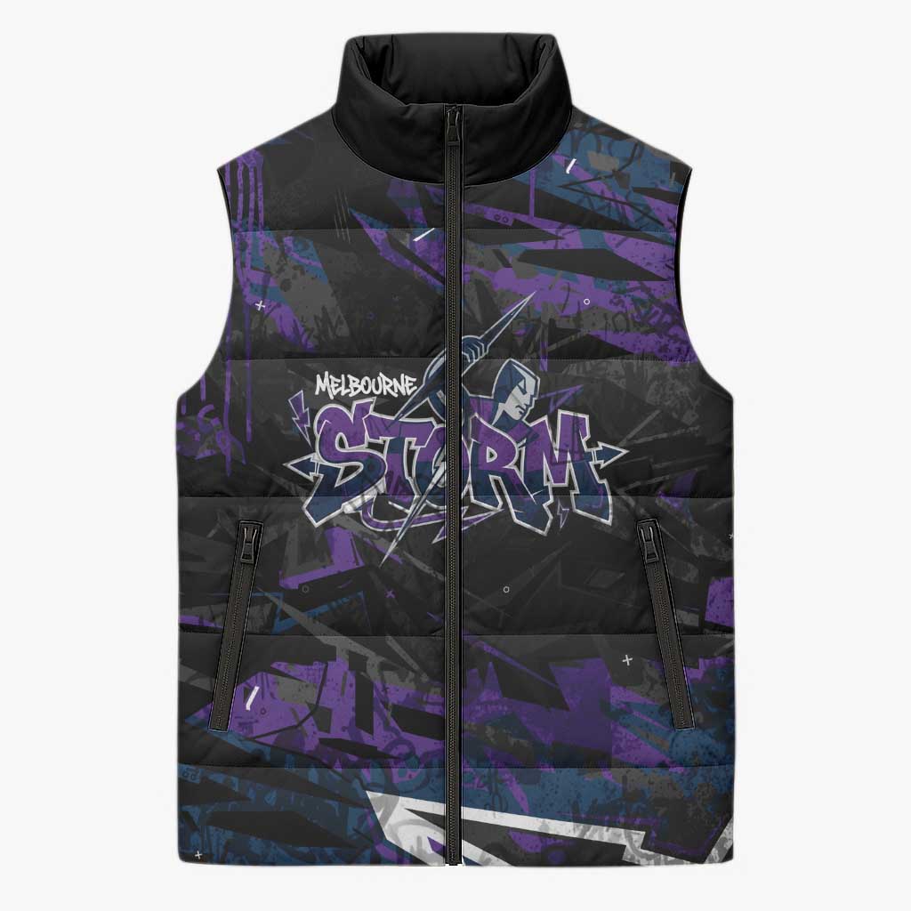 Personalized Melbourne Storm Sleeveless Puffer Jacket Graffiti Grunge Abstract Urban Street Style Design