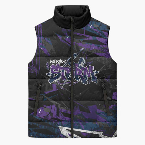 Personalized Melbourne Storm Sleeveless Puffer Jacket Graffiti Grunge Abstract Urban Street Style Design