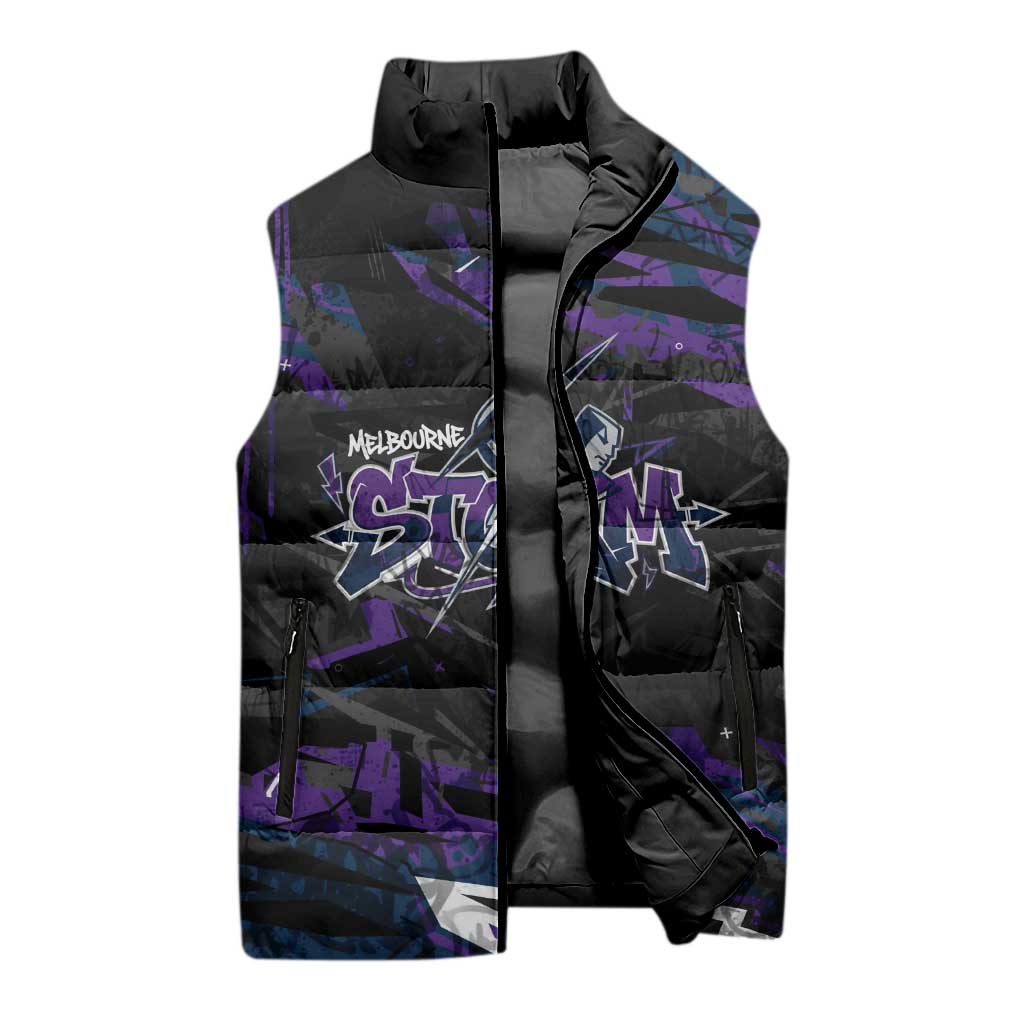 Personalized Melbourne Storm Sleeveless Puffer Jacket Graffiti Grunge Abstract Urban Street Style Design