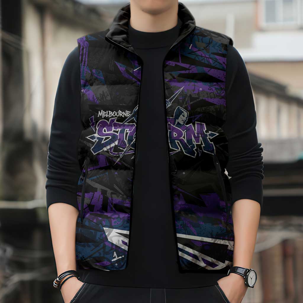 Personalized Melbourne Storm Sleeveless Puffer Jacket Graffiti Grunge Abstract Urban Street Style Design