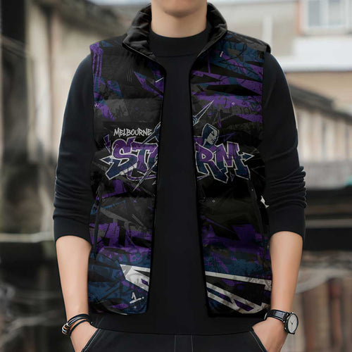 Personalized Melbourne Storm Sleeveless Puffer Jacket Graffiti Grunge Abstract Urban Street Style Design