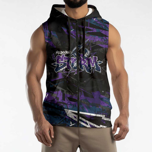Personalized Melbourne Storm Sleeveless Zip Hoodie Graffiti Grunge Abstract Urban Street Style Design
