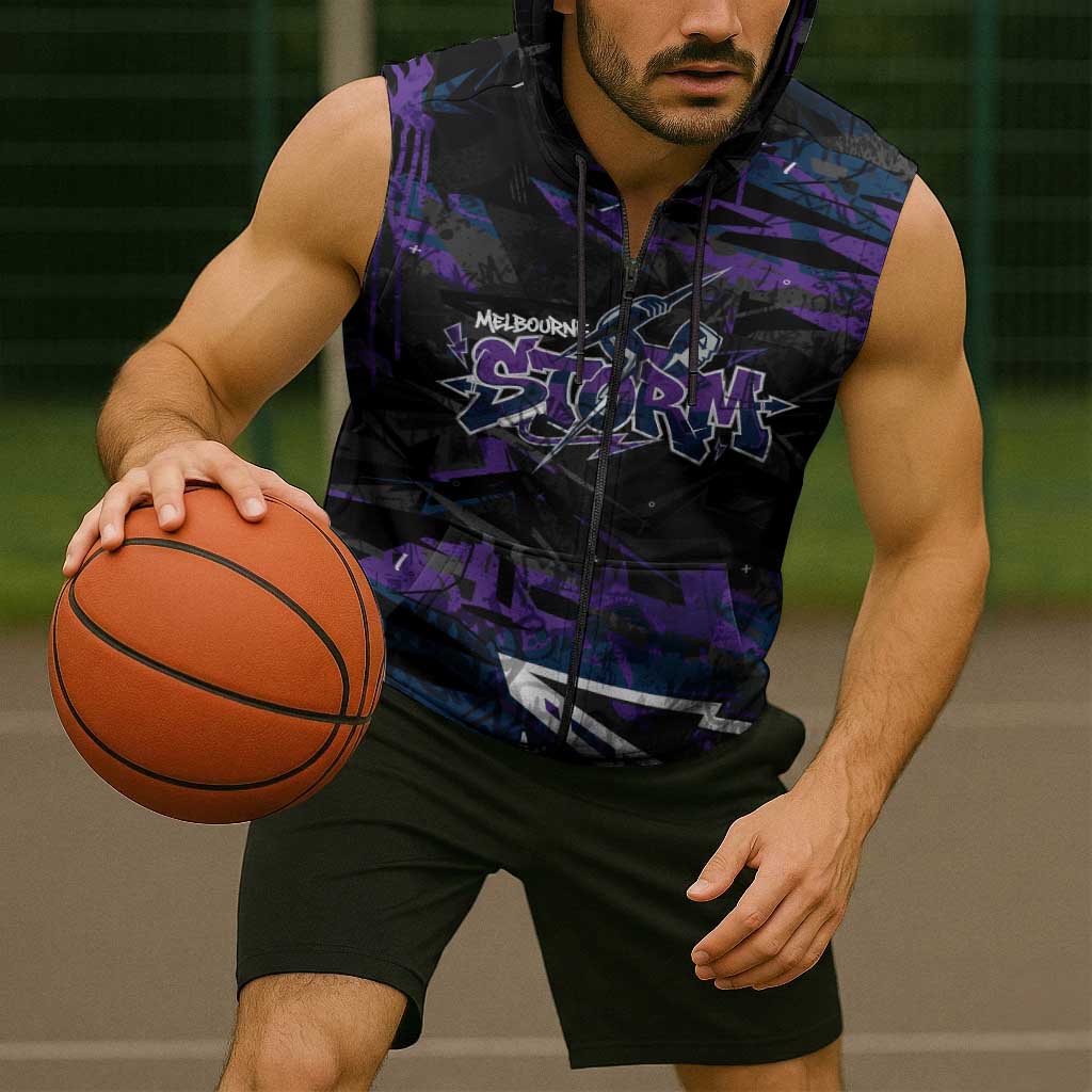 Personalized Melbourne Storm Sleeveless Zip Hoodie Graffiti Grunge Abstract Urban Street Style Design